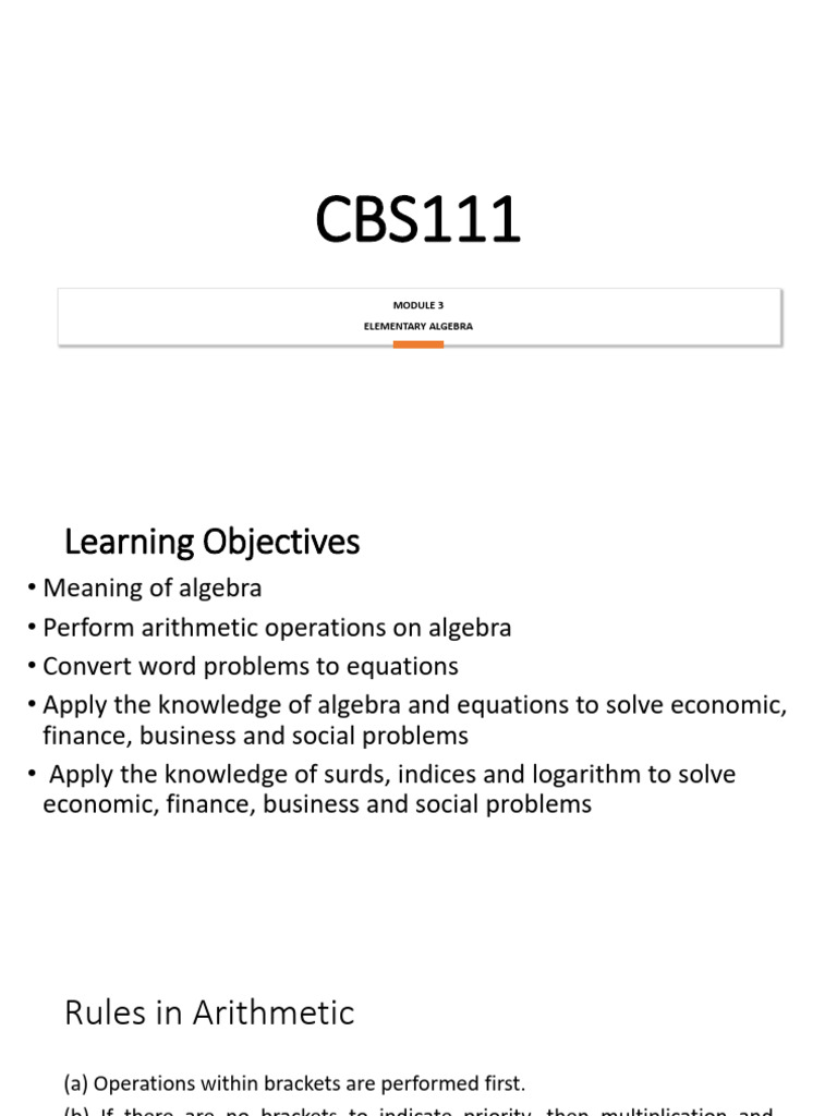 Module 3a Elementary Algebra | PDF | Division (Mathematics) | Algebra