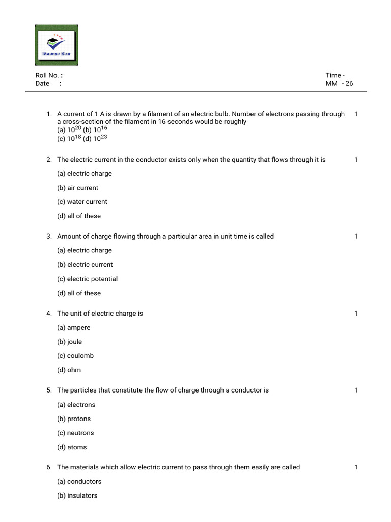 10th Electricity DPP 01 | PDF | Electric Current | Electric Charge