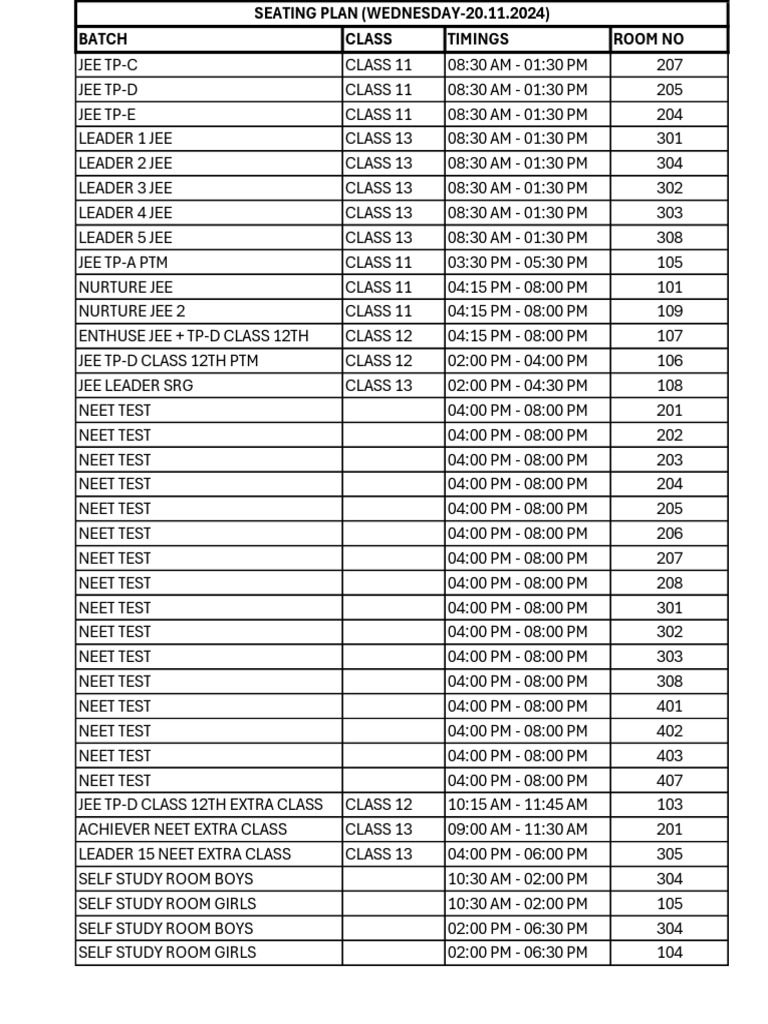 Seating Plan 20.11.2024 | PDF | Standardized Tests | Tests