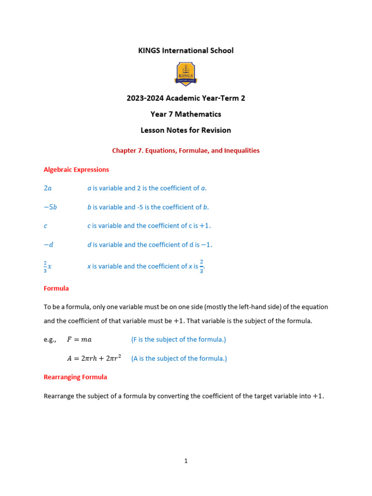 Year 7 Math Notes Term 2 | PDF | Equations | Variable (Mathematics)