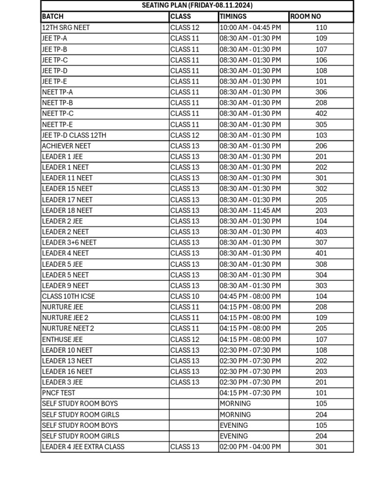 Class Timings and Room Assignments | PDF | Standardized Tests | Tests
