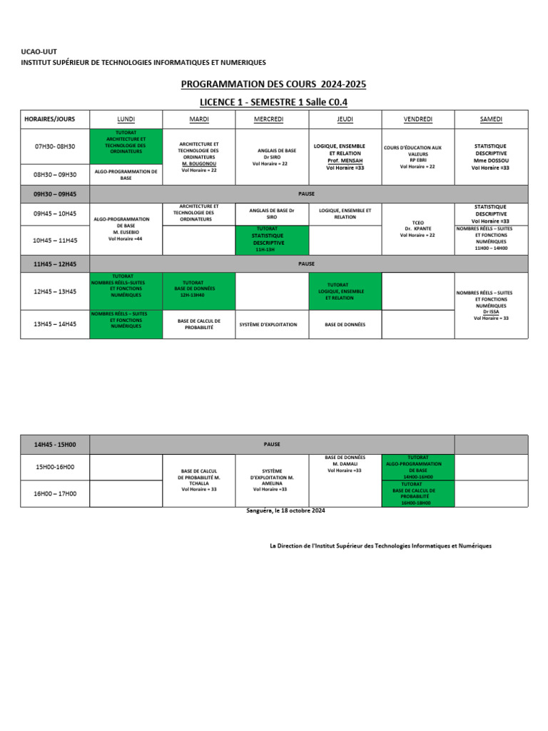 Emploi du temps Licence Informatique 2024-2025 | PDF | Matériel de ...