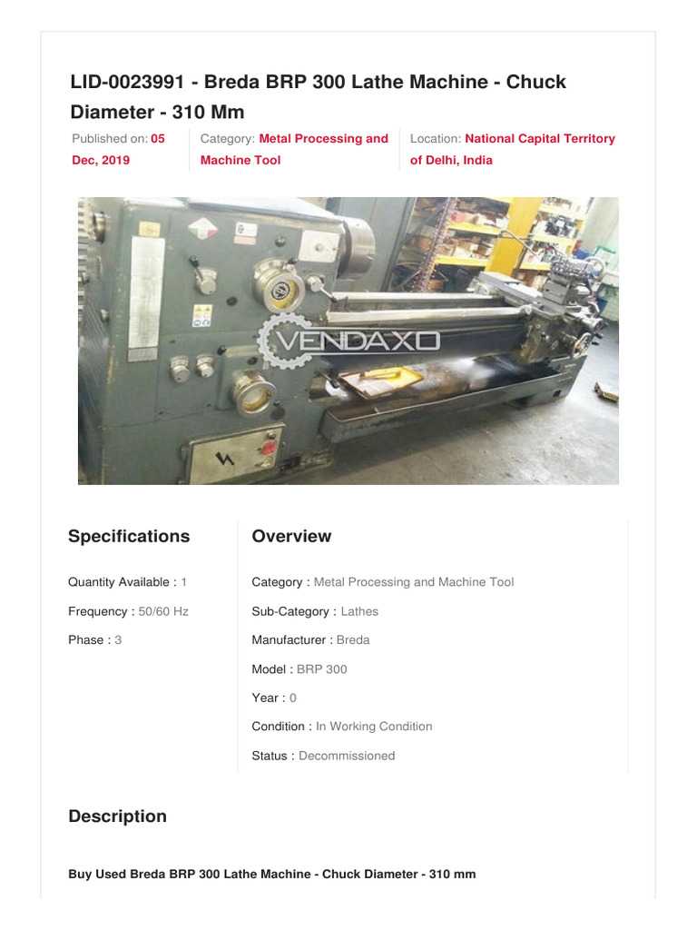 Vendaxo - Breda BRP 300 Lathe Machine - Chuck Diameter - 310 MM | PDF