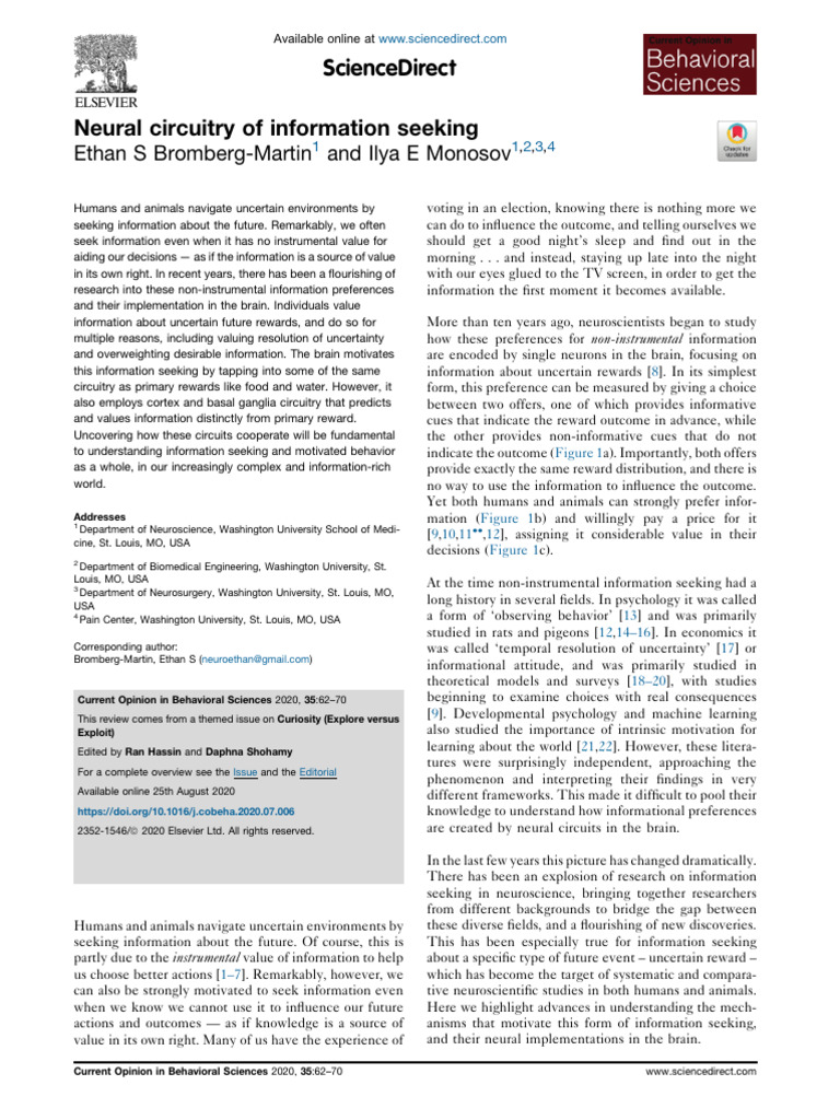 Neural Circuits Driving Information Seeking | PDF | Reward System ...