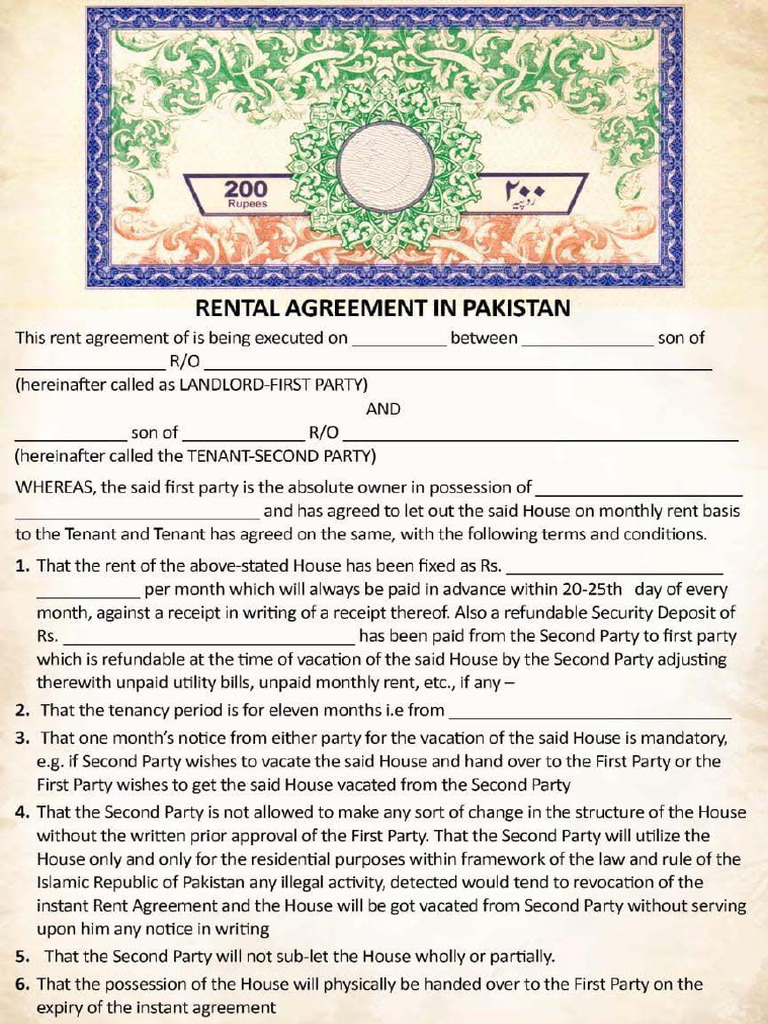 Rent Pakistan Agreement | PDF | Lease | Land Law