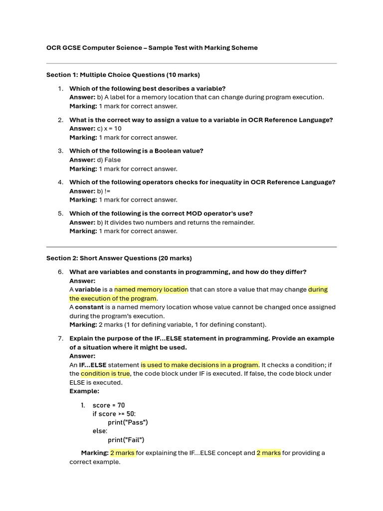 OCR GCSE Computer Science Solutions and Marking Scheme | PDF ...