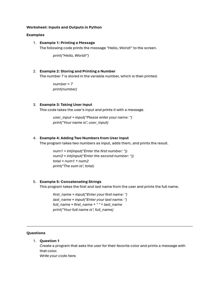Worksheet Input and Output in Python | PDF