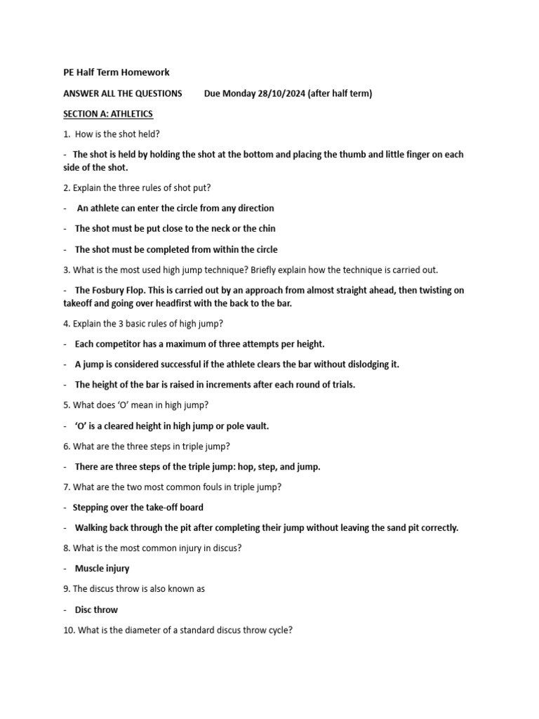 PE Half Term Homework: Athletics & Football | PDF | Track And Field ...