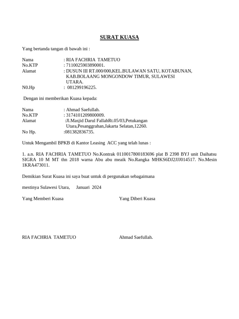 Surat Kuasa Ambil BPKB di Leasing ACC | PDF