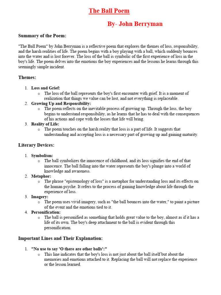The Ball Poem Notes | PDF | Grief | Experience