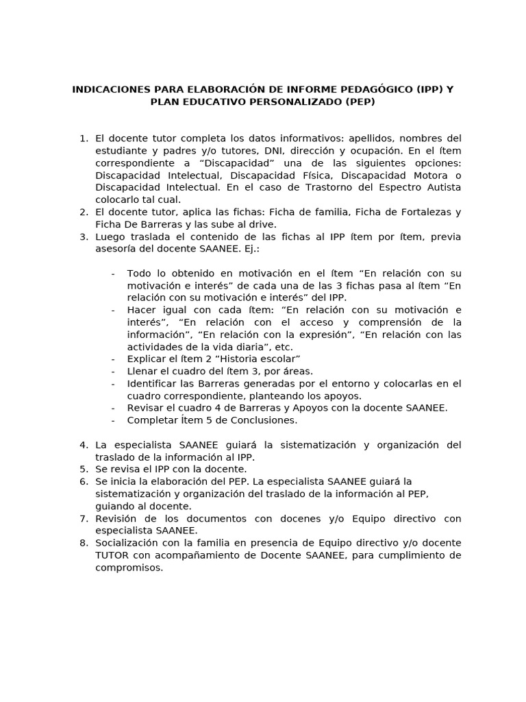 Guía para Informe Pedagógico y PEP | PDF
