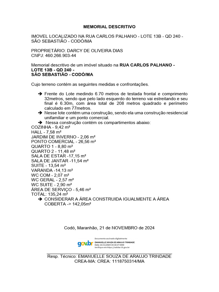 Memorial Descritivo Imóvel Codó/MA | PDF