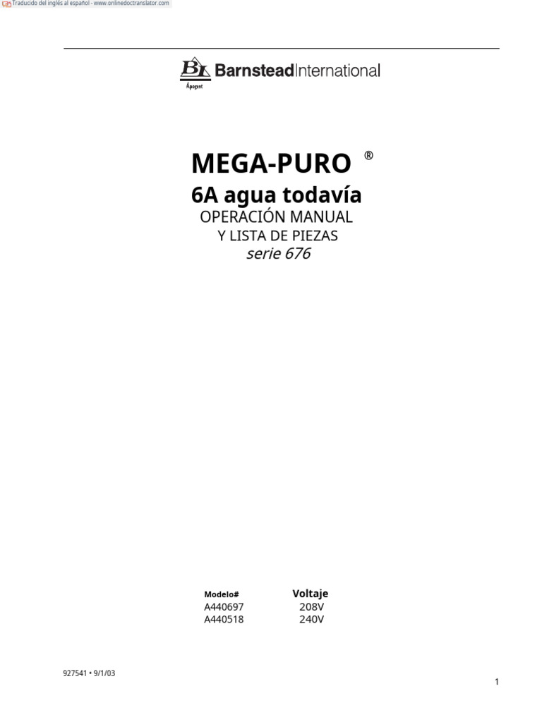 Manual de Operación MEGA-Pure 6A | PDF | Destilación | Agua