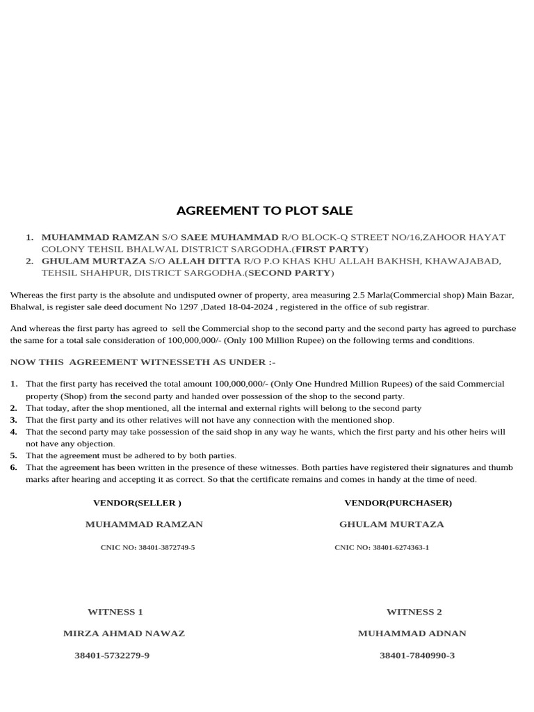 Plot Sale Agreement in Bhalwal | PDF