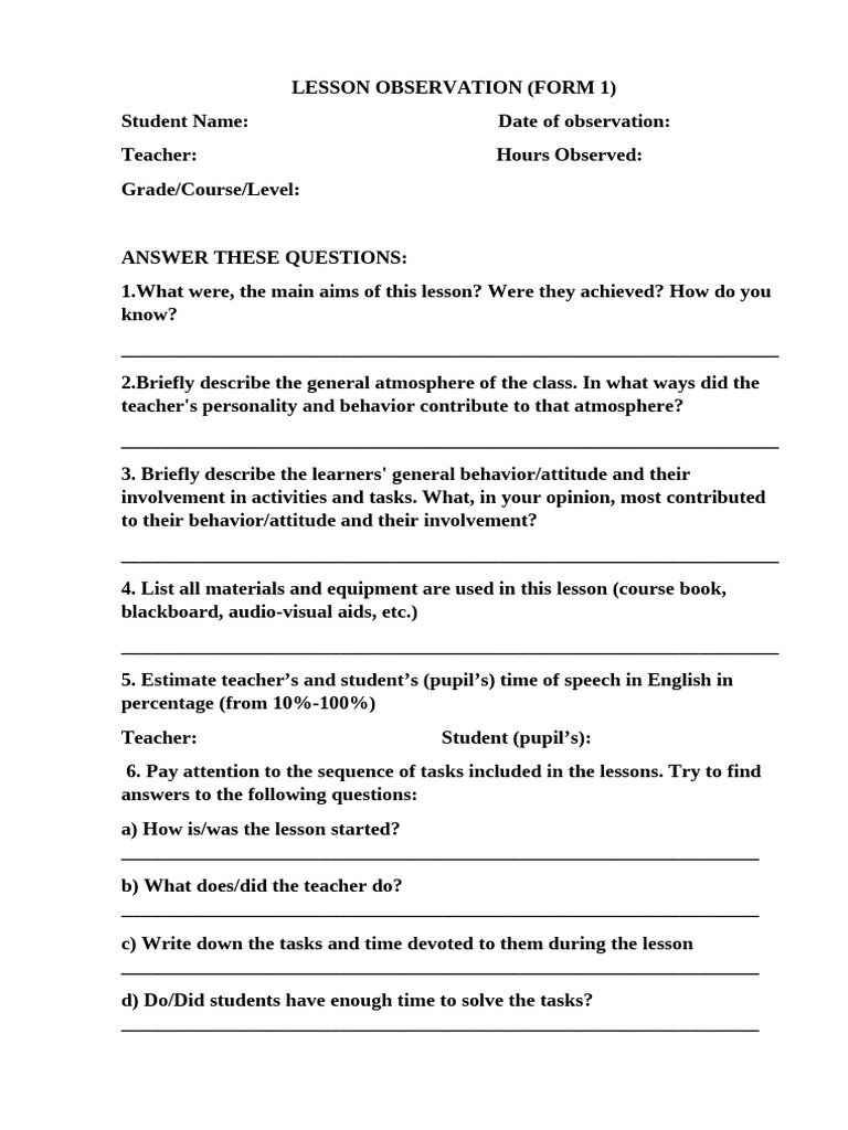 Lesson Observation Form 1 | PDF | Teachers | Pedagogy