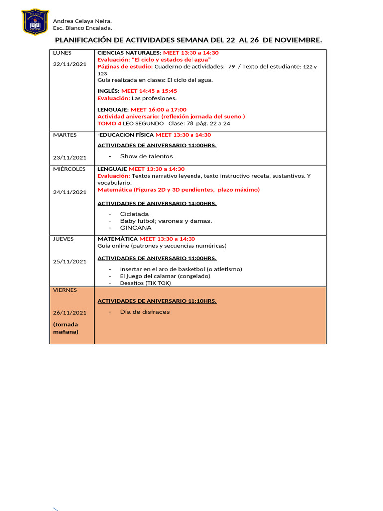 Plan Semanal Y Actividades Escolares Pdf Estudios De Idiomas