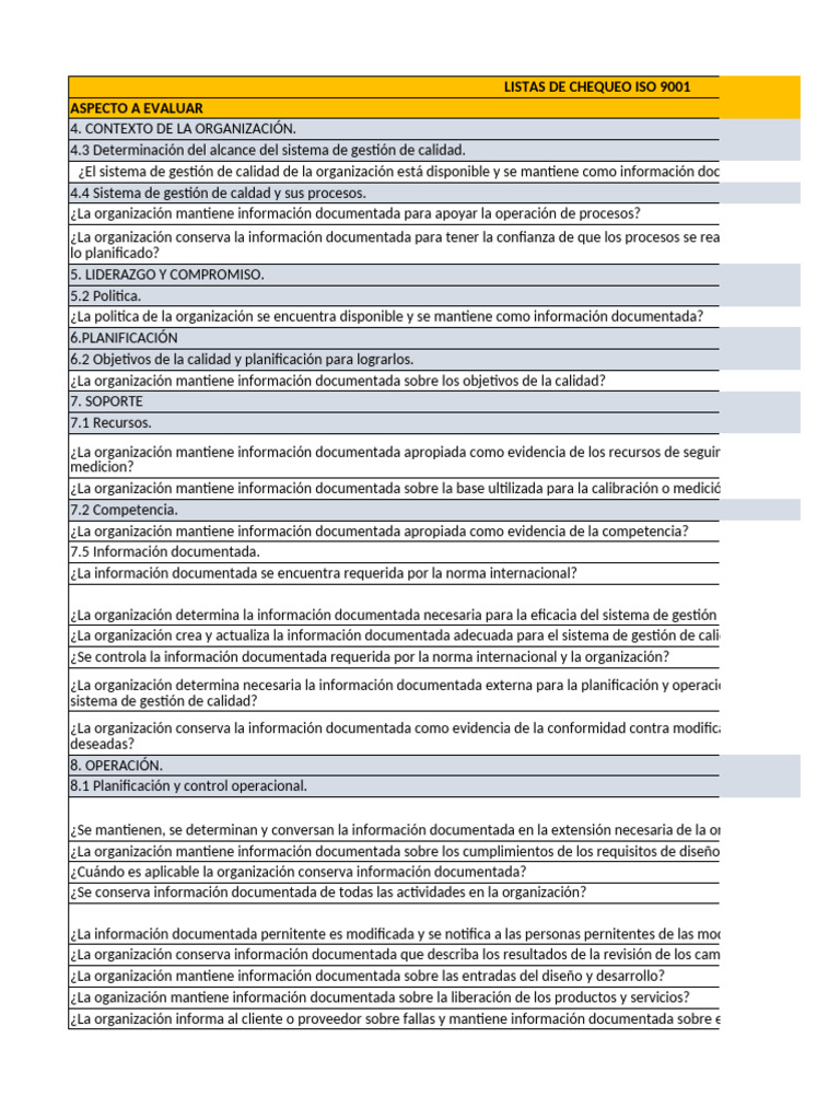 Lista de Chequeo 9001 | PDF | Sistema de manejo de calidad | Planificación