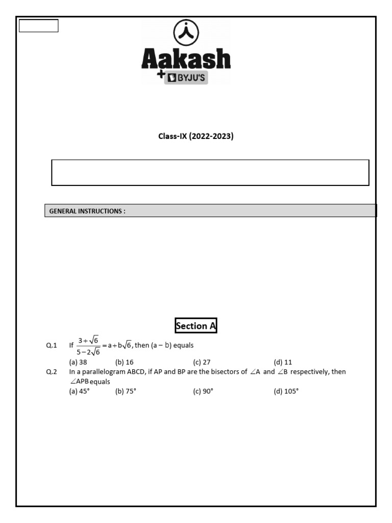 Class IX Math Test Paper | PDF | Triangle | Area