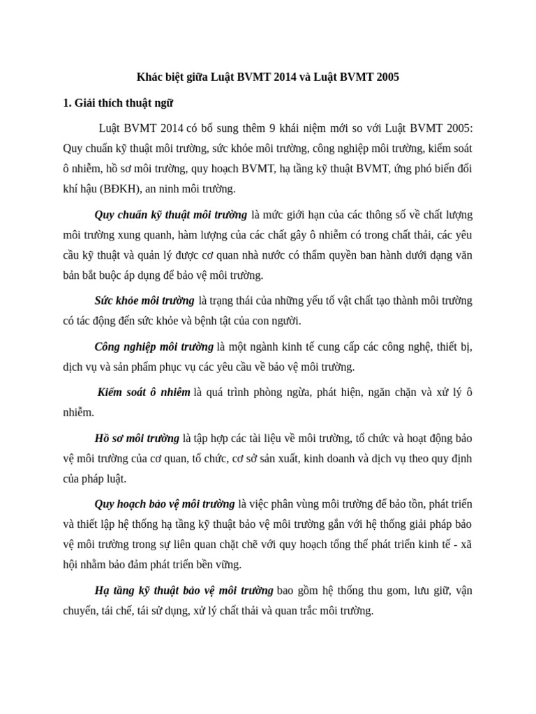 Khác biệt giữa Luật BVMT 2014 và Luật BVMT 2005 | PDF