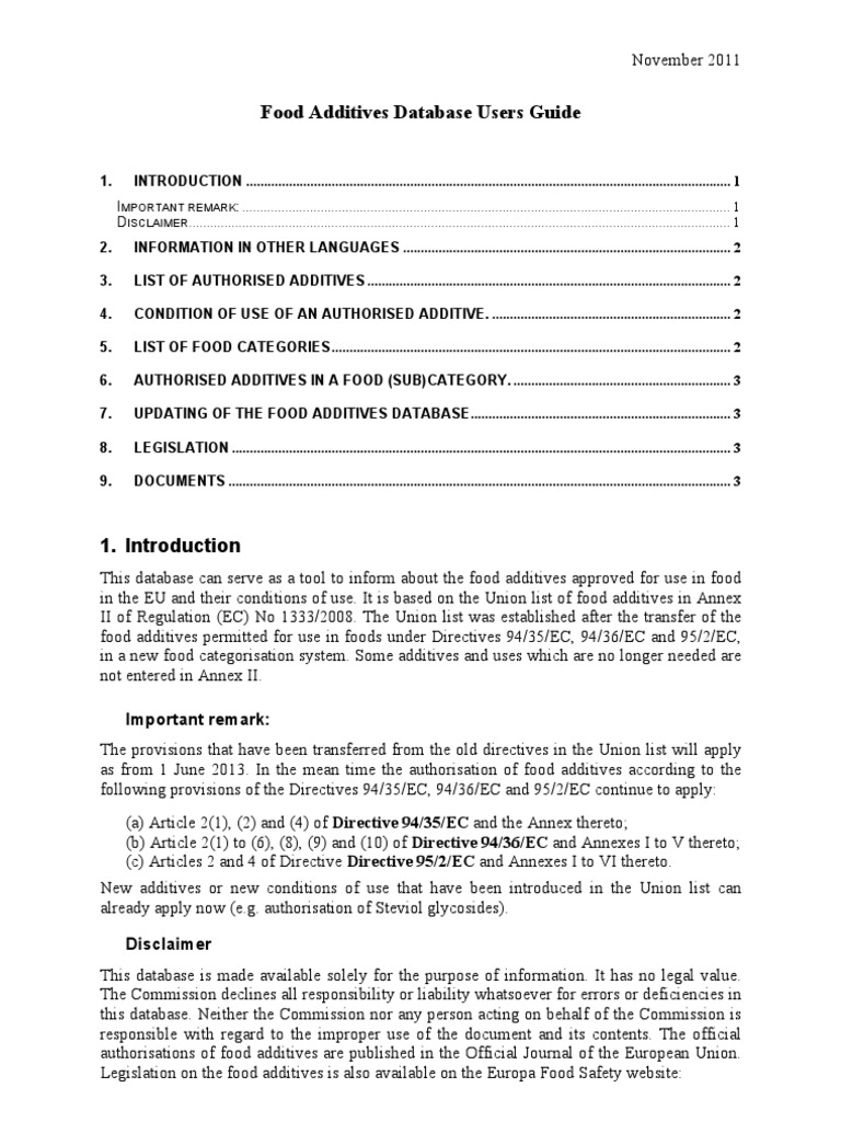 Food Additives Database Users Guide Important Remark PDF European