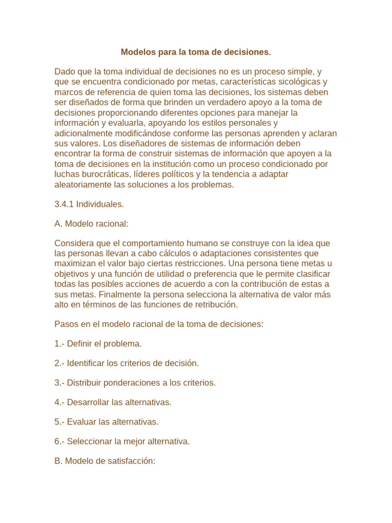 Modelos para La Toma de Decisiones | PDF | Toma de decisiones ...