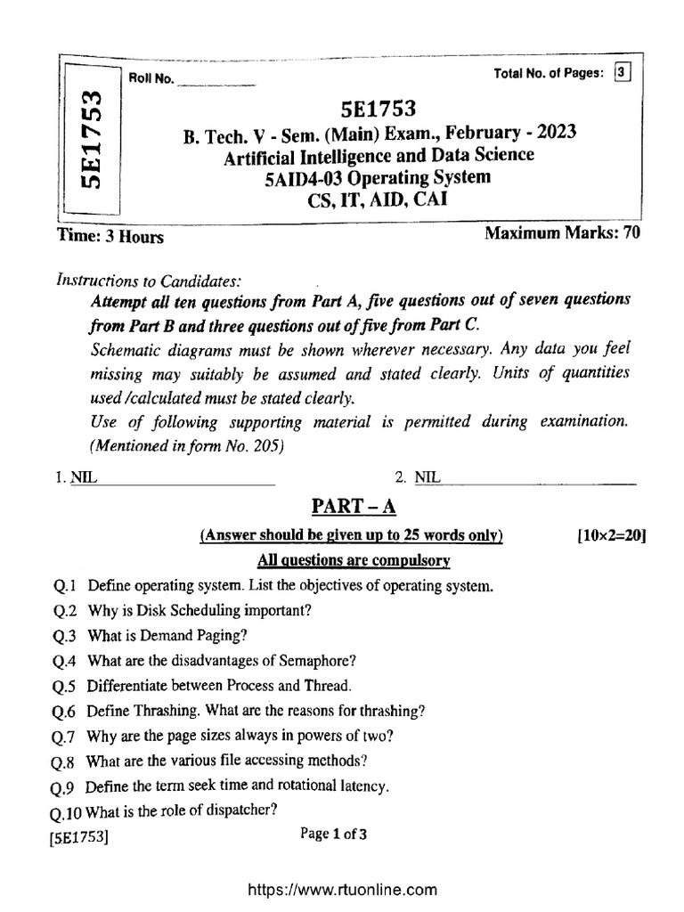 Btech Cs It Aid Cai 5 Sem Operating System 5e1753 Feb 2023 | PDF