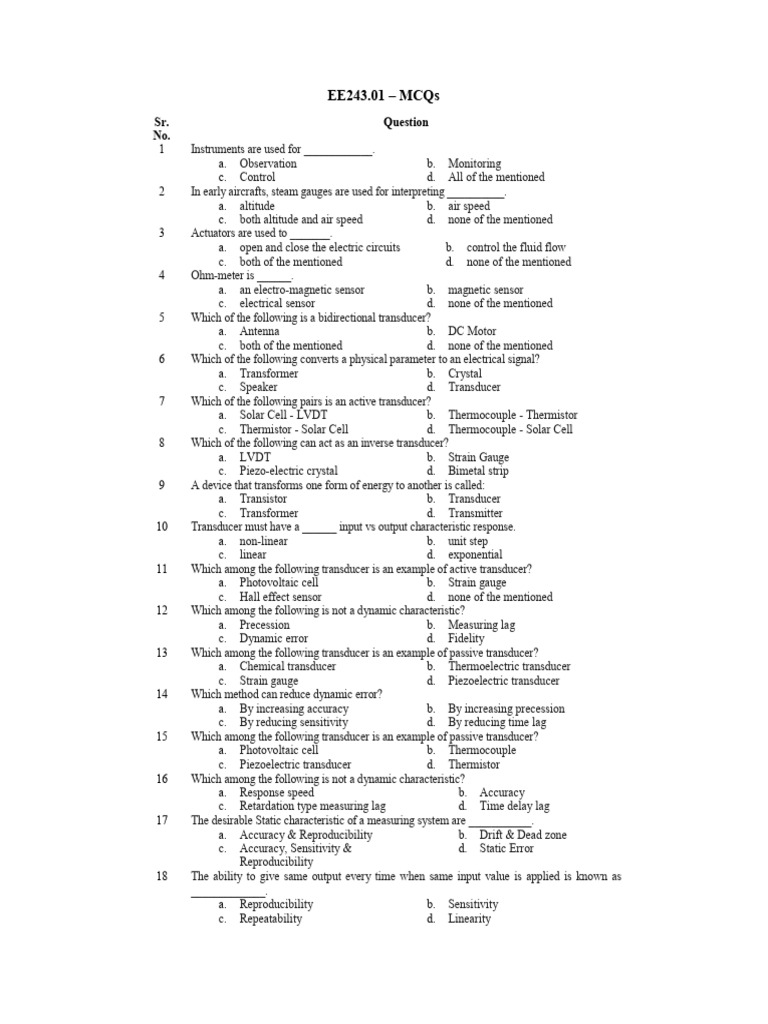 MCQs on Transducers and Measurement Systems | PDF | Flow Measurement ...