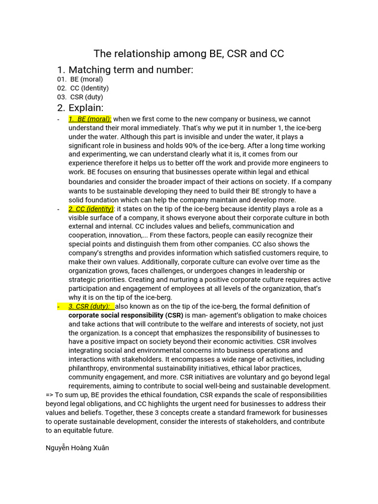 BE, CSR, and CC: Business Ethics Framework | PDF | Corporate Social ...