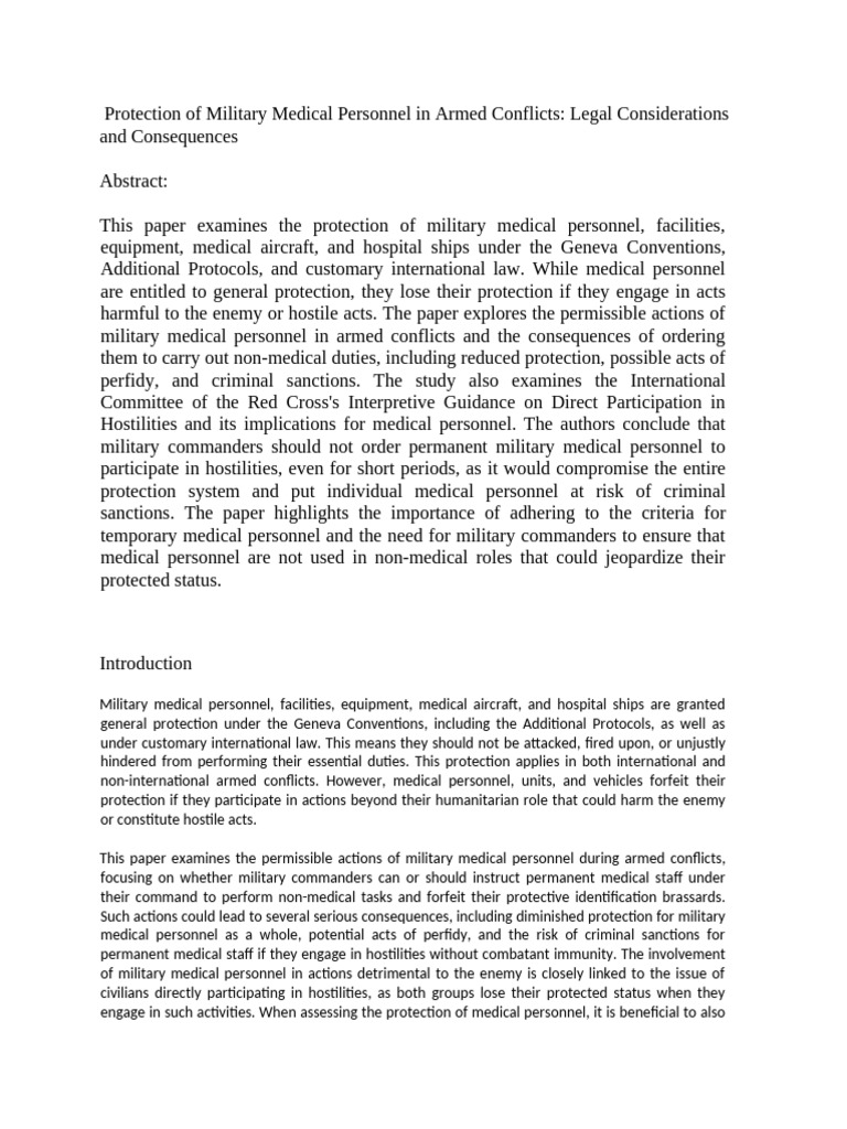 Military Medical Personnel Protection in Conflict | PDF | International ...
