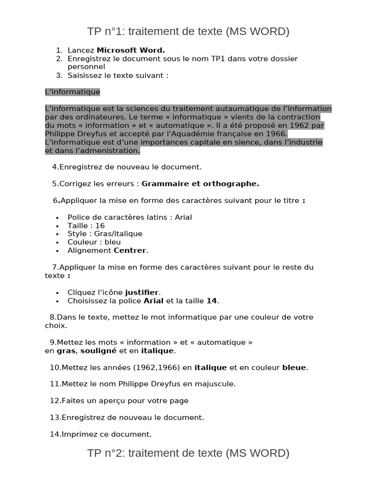 TP Word : Exercices Pratiques Débutants | PDF | Microsoft Word ...