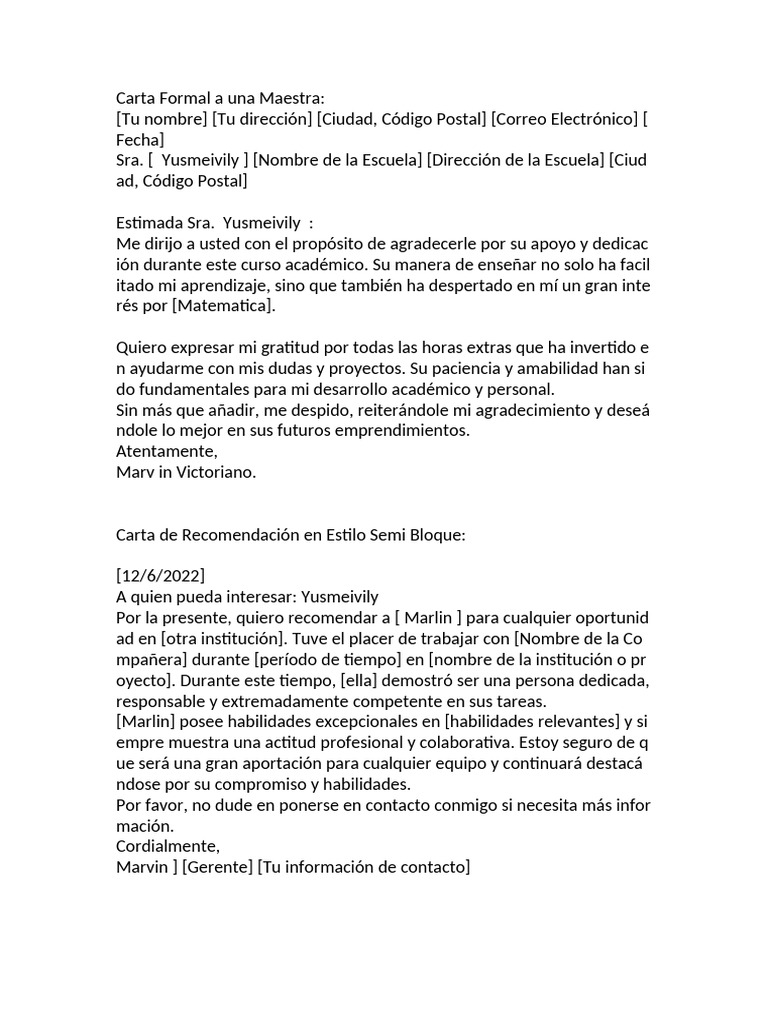 Carta Formal A Una Maestra Entre Otros | PDF