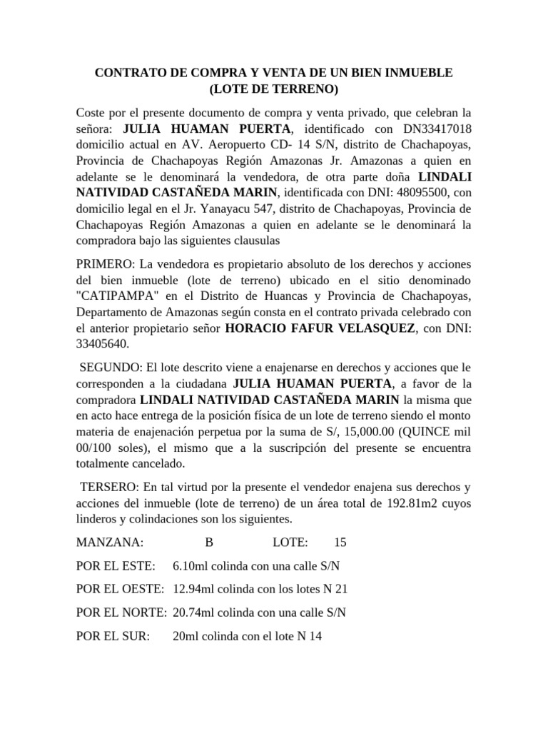 Contrato de Compra Venta de Terreno | PDF | Finanzas y dinero | Derecho