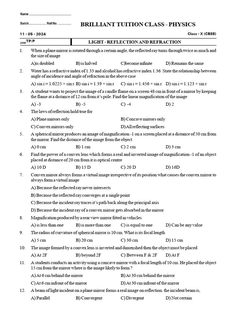 CLASS X (Light - Reflection and Refraction) 11-05-2024 (BTC CBSE) | PDF ...