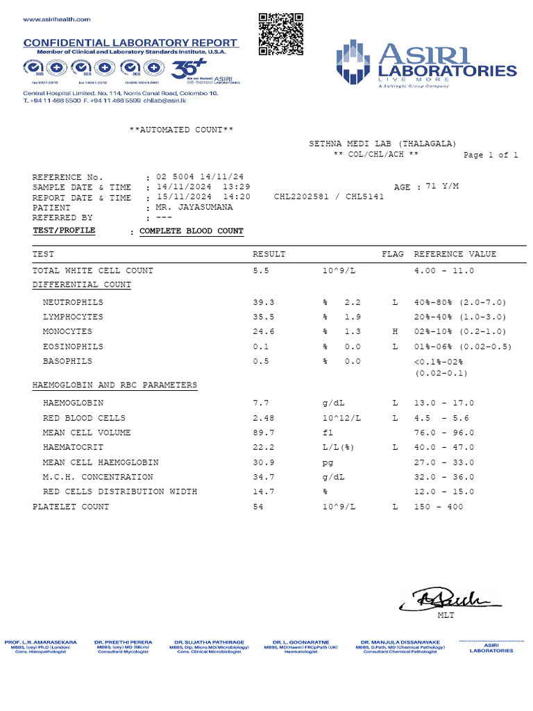 Test/Profile Complete Blood Count: COL/CHL/ACH Page 1 of 1 | PDF
