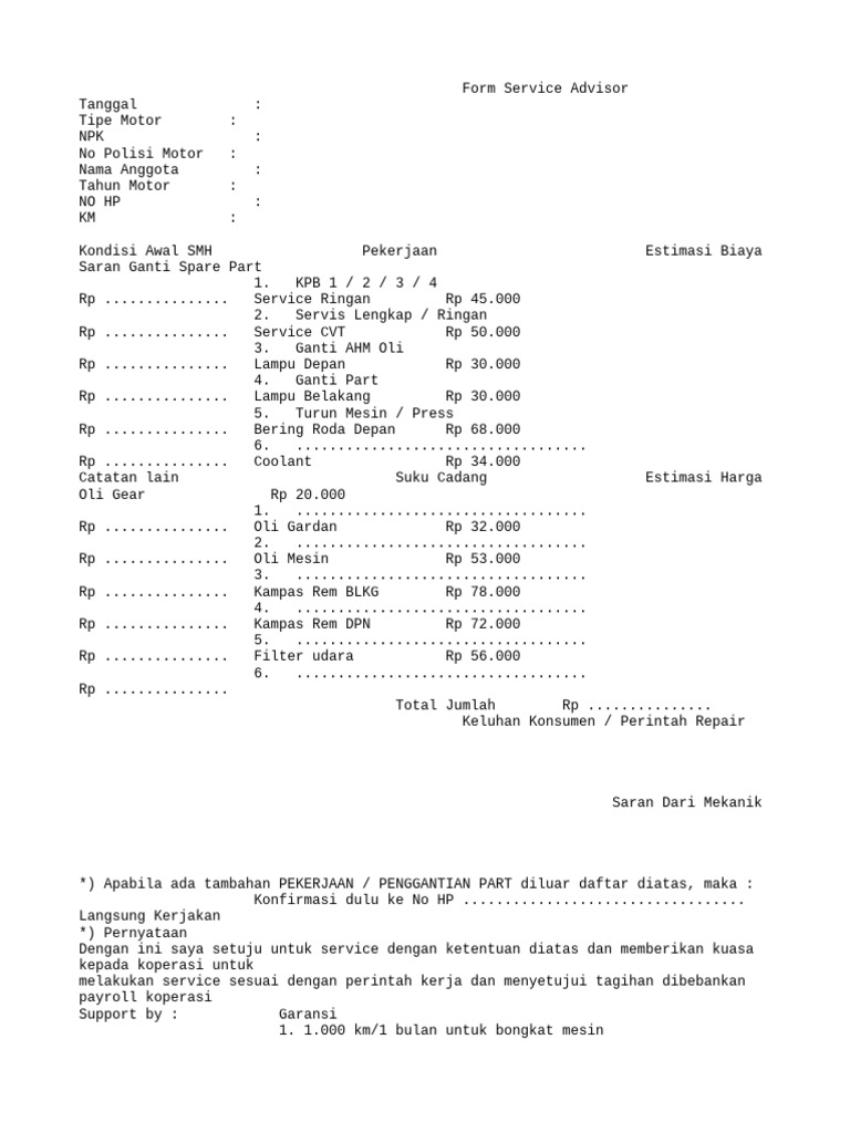 Formulir Layanan Servis Motor | PDF