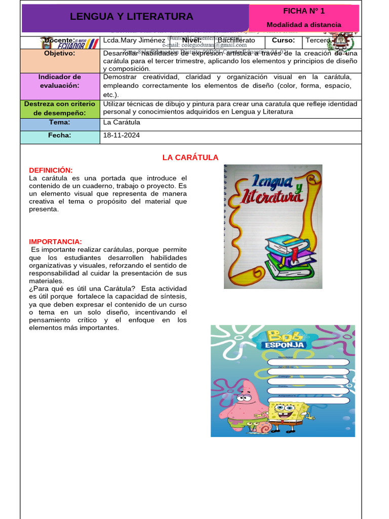 Ficha 1 TERCER TRIMESTRE LENGUA Y LITERATURA - CARATULA | PDF