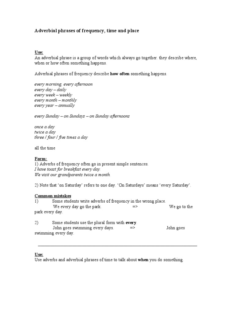Adverbial Phrases: Frequency, Time, Place | PDF | Adverb | Syntactic ...