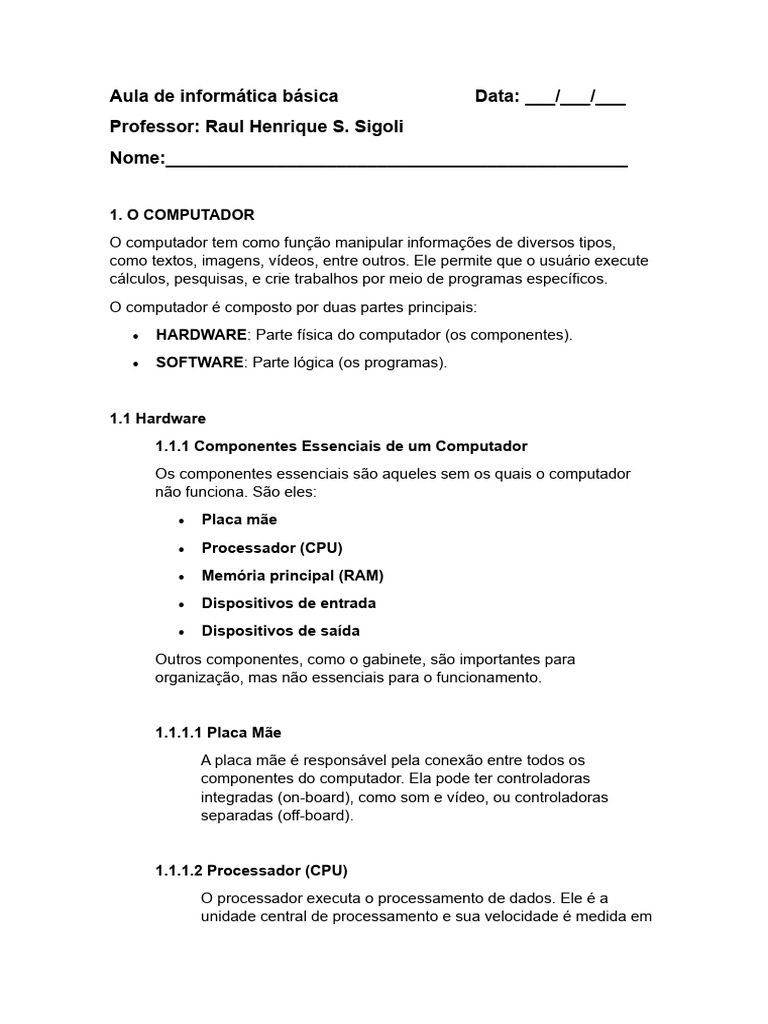Aula de Informática Básica: Hardware e Software | PDF | Armazenamento ...