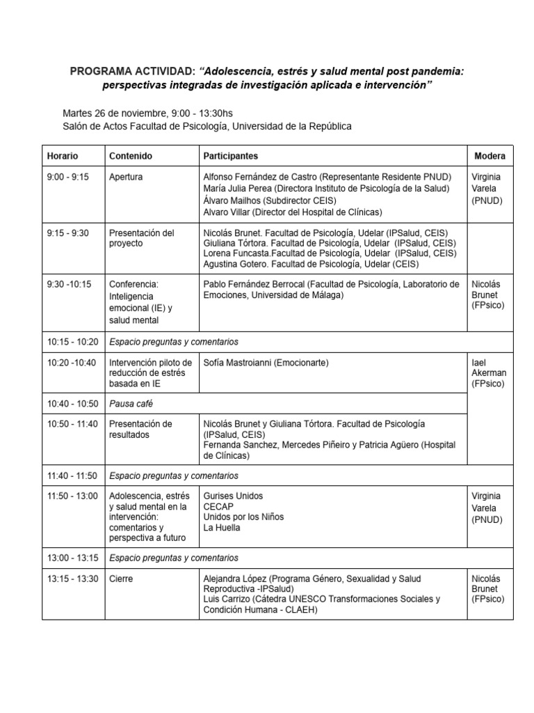 Programa Actividad - Adolescencia, Estrés y Salud Mental | PDF ...