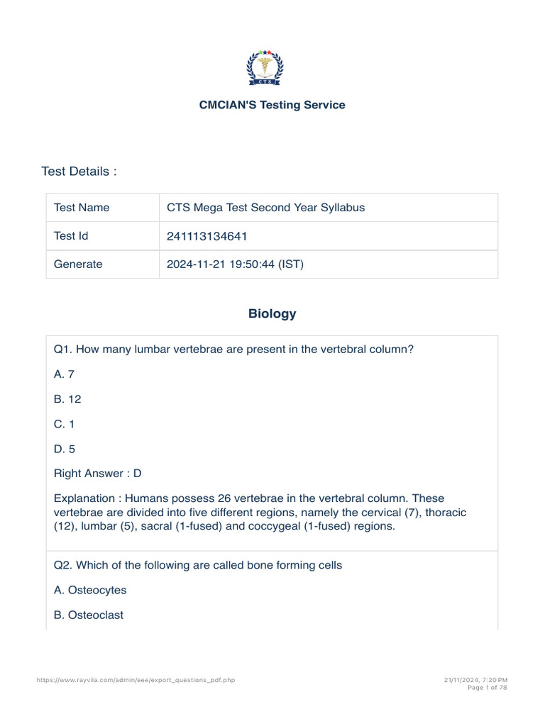 CTS Mega Test Biology Questions | PDF | Menstrual Cycle | Ketone