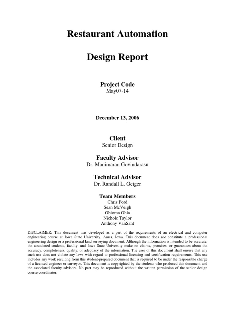 Restaurant Automation Design Report: Project Code | PDF | Menu ...