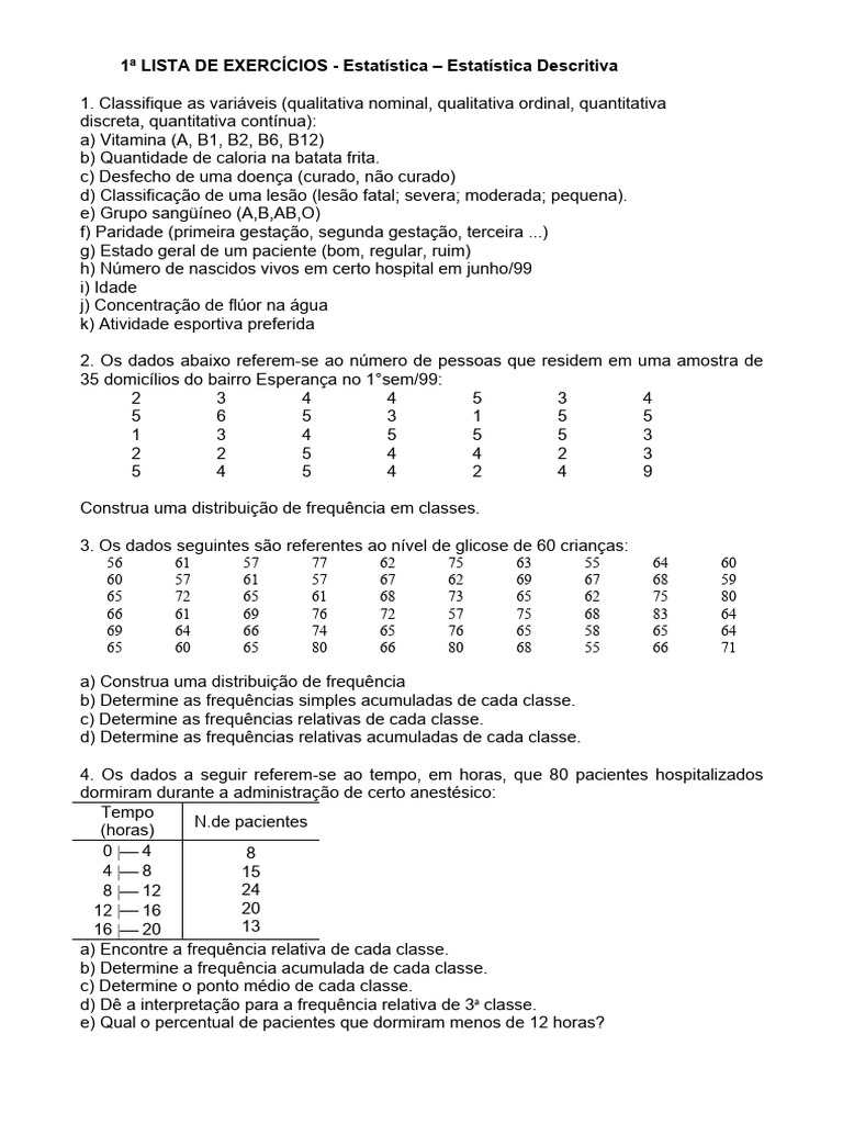 1 LISTA DE EXERCÍCIOS - Estatística Descritiva | PDF | Mediana ...