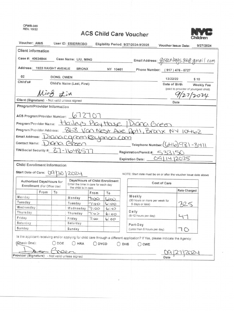 ACS Child Care Voucher CFWB-049 Form | PDF