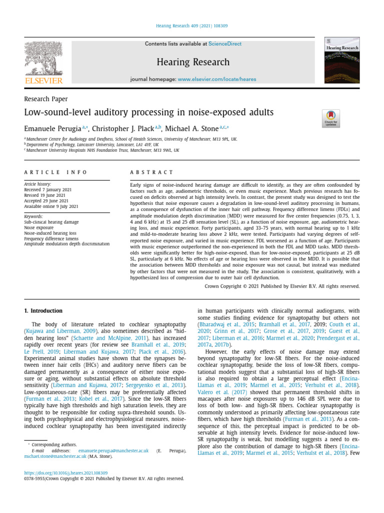 Low-Sound-Level Auditory Processing in Noise-Exposed Adults | PDF ...