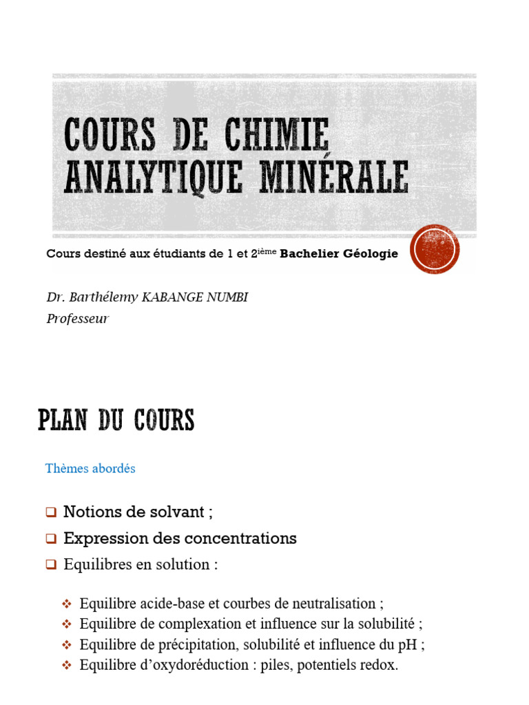 Cours de Chimie Analytique Bachelier 2 | PDF | Solution tampon | Ph