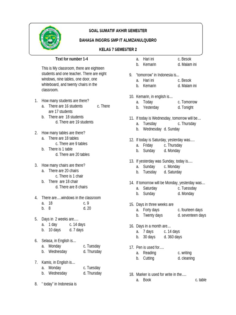 Soal Bahasa Inggris SMP It Almizanulqubro Kelas 7 | PDF