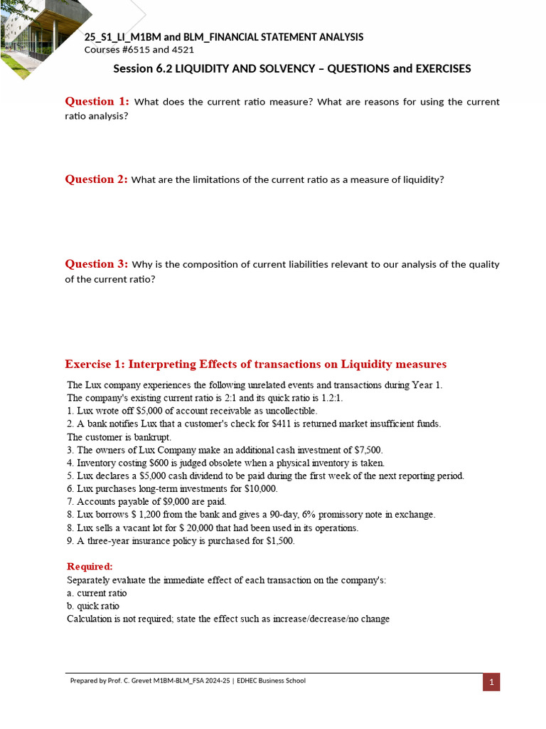 Financial Statement Analysis: Liquidity & Solvency | PDF | Balance ...