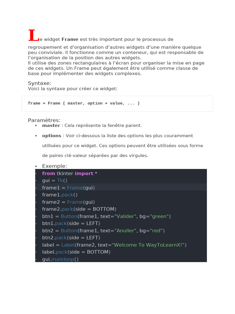 Utilisation du widget Frame en Python | PDF | Interface graphique ...