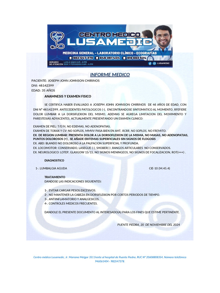 Informe Médico: Lumbalgia Aguda | PDF