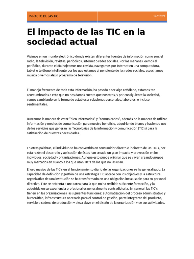 El Impacto de Las TIC en La Sociedad Actual | PDF | Tecnología de ...